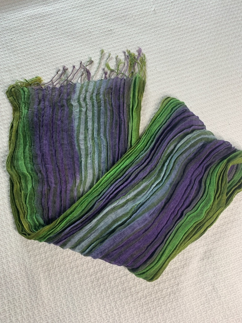 Green and purple striped gauzy lightweight scarf with fringe